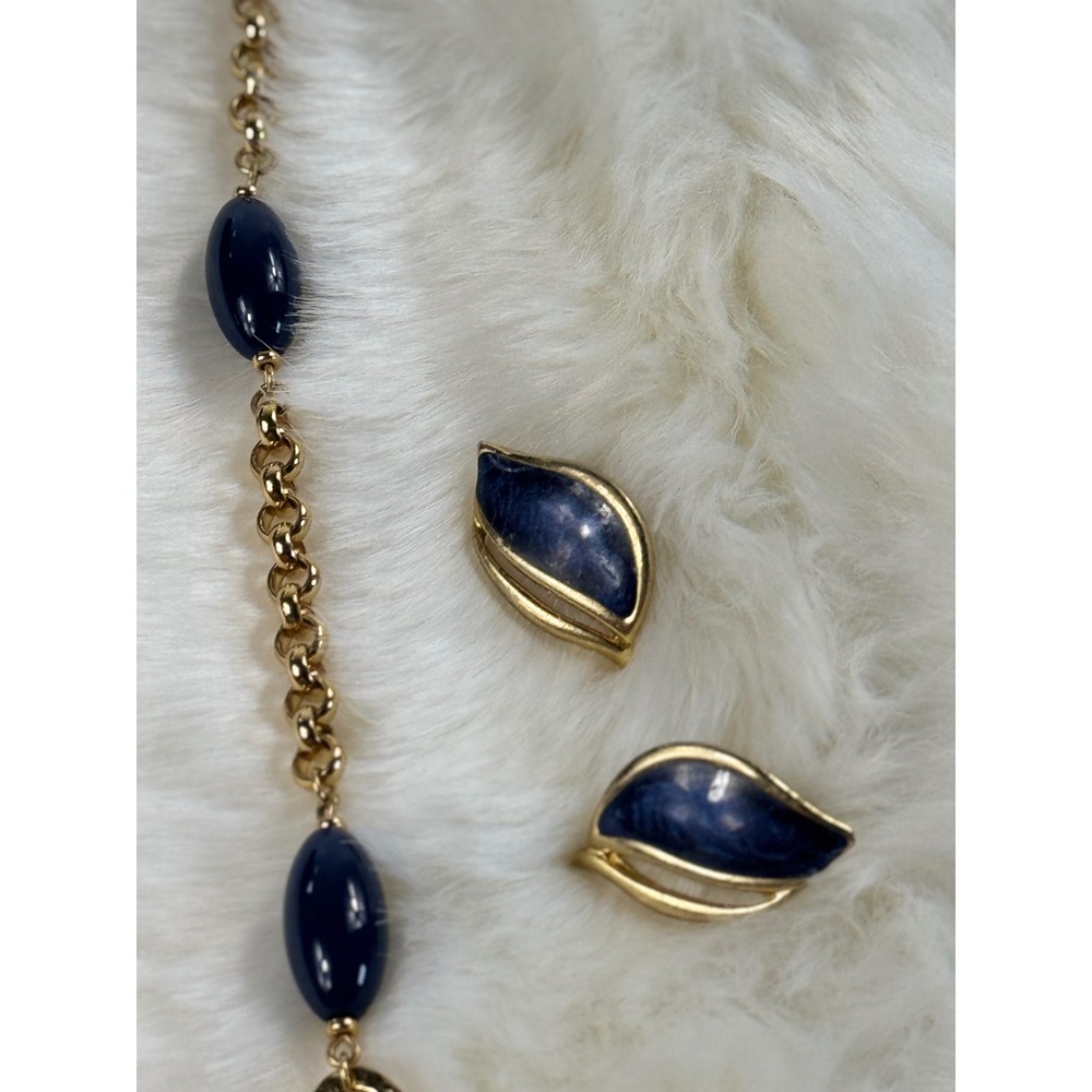 Vintage Monet Gold Tone Navy Blue Bead Station Necklace and Clip On Earring Set - Picture 3 of 9